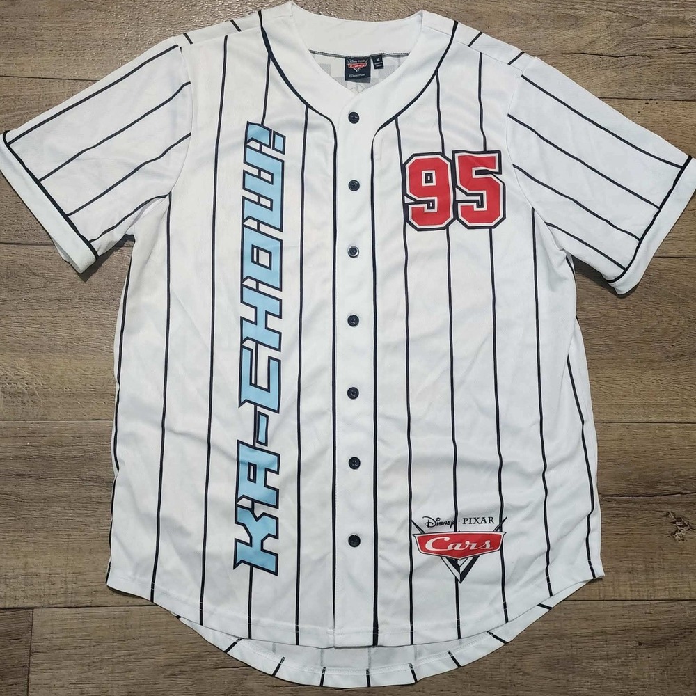 Disney Pixar Cars Lightning McQueen Baseball Jersey Mens Medium Pinstripe 95
